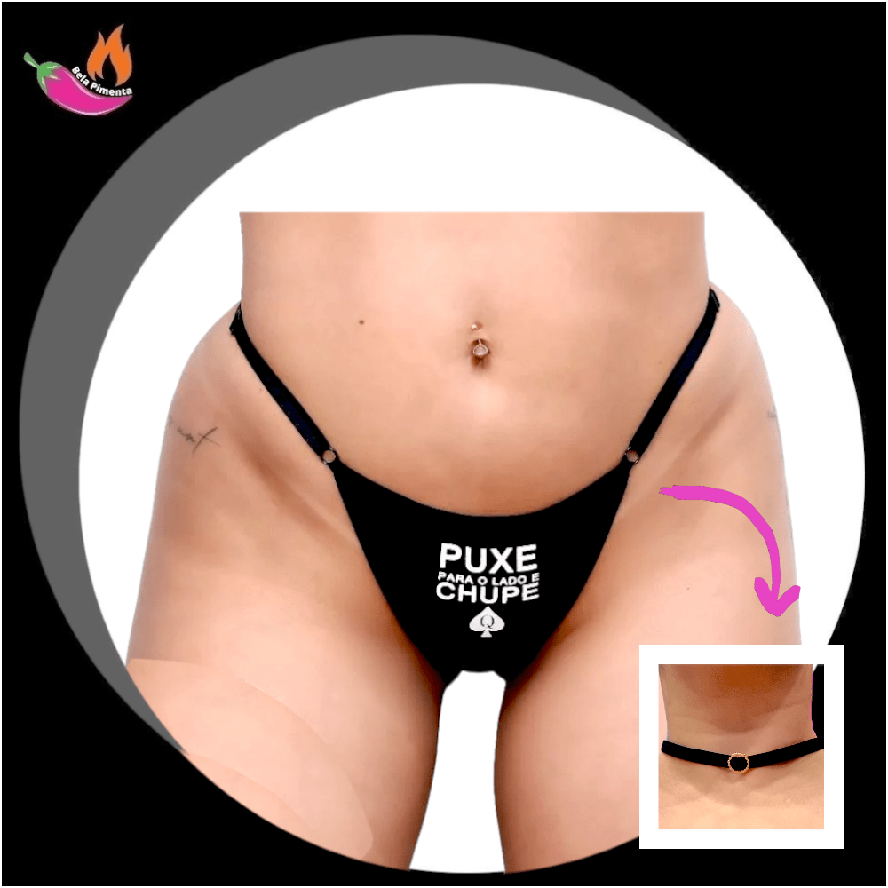 Calcinha Fio Fetiche Puxe Para o Lado e Xupe com Chocker Preta - 36 ao 44