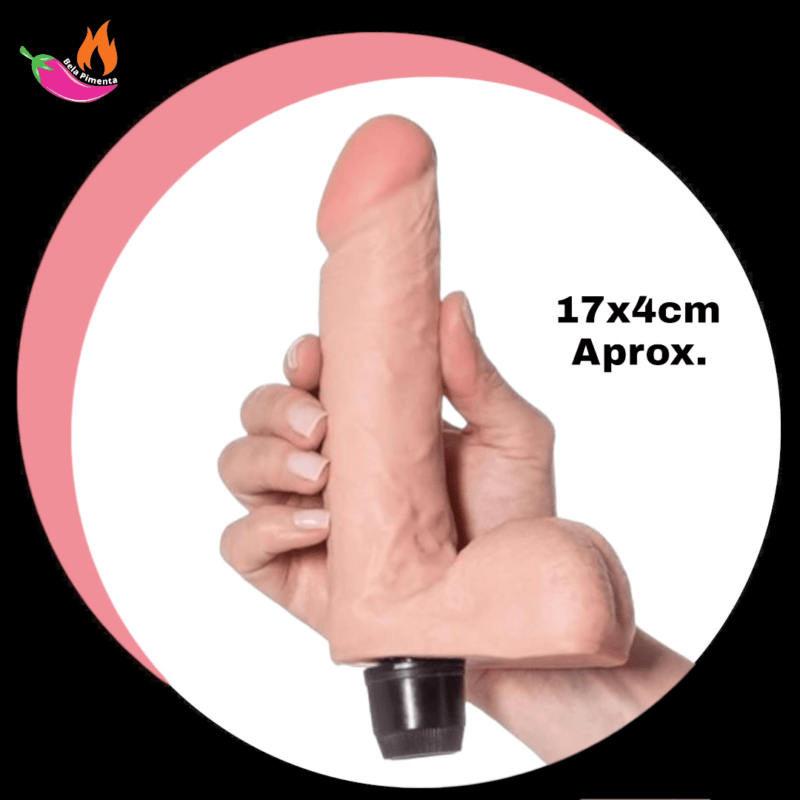 Protese Peniana Vinil com Escroto e Vibração 17x4cm Bege John - Recarregavel