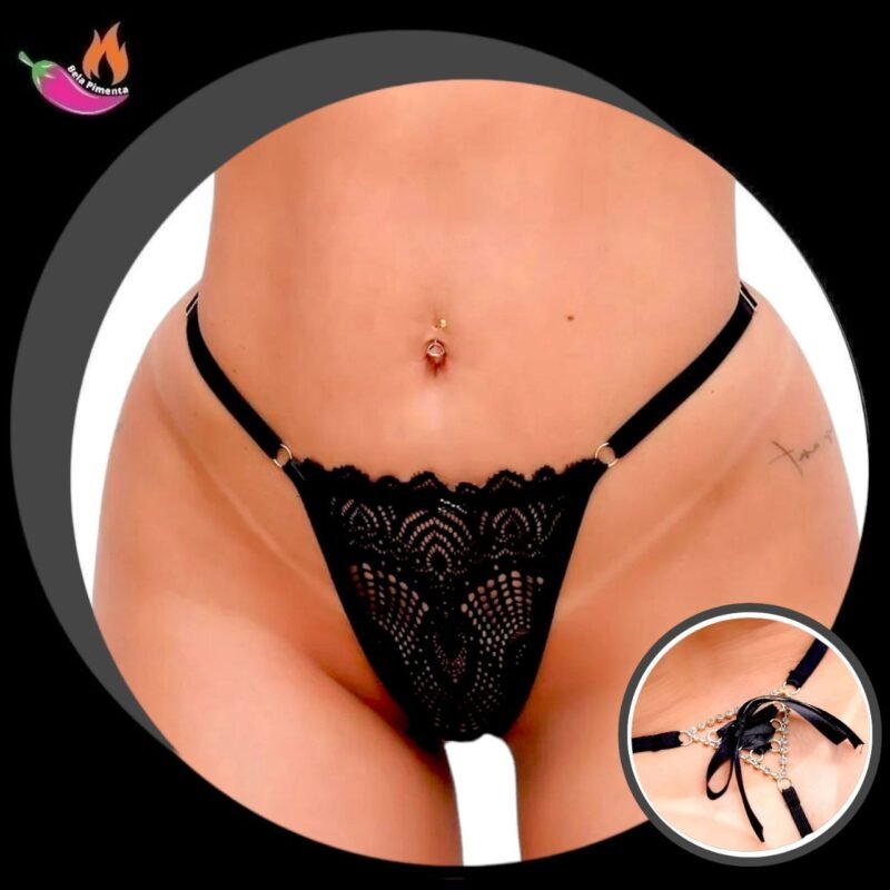 Calcinha Fio Trançado com Strass Preto