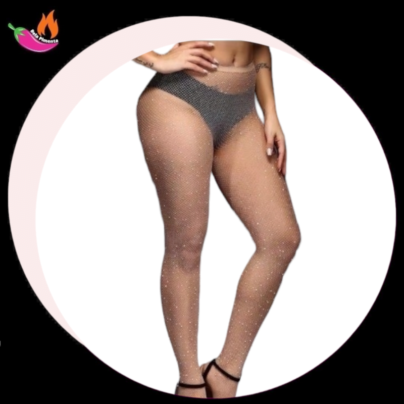 Meia Calça Arrastão com Strass Bege