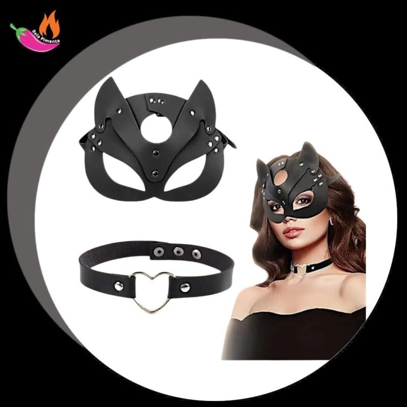 KIt Mascara + Coleira Mulher Gata Sado BDSM Preta