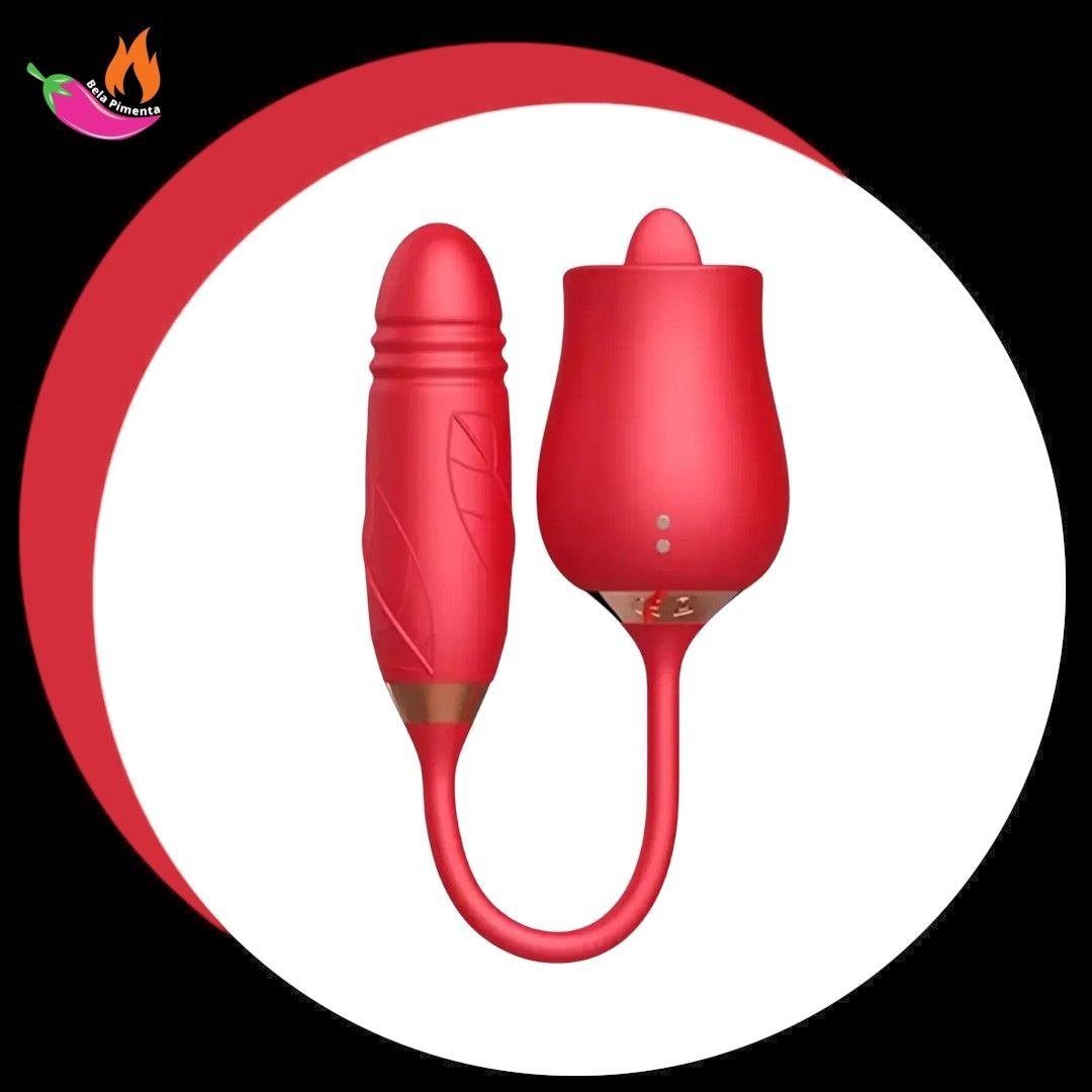 Vibrador 2 em 1 Lingua Tulipa Vermelho Vai e Vem Rosa