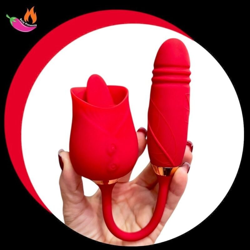 Vibrador 2 em 1 Lingua Tulipa Vermelho Vai e Vem Rosa