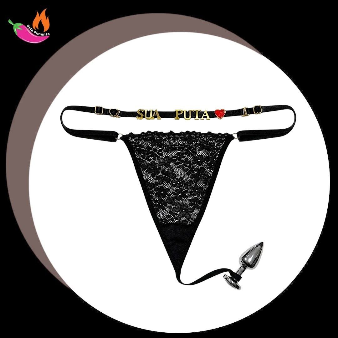 Calcinha Personalizada com Suporte para Plug Anal Preta